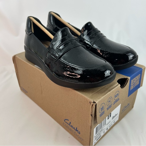 Clarks Shoes - Clarks Black Ellowyn Penny crinkle patent Slip-On Loafers